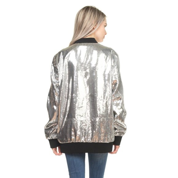 UNISEX, Men's SIZE Solid Sequin Slim-Fit Bomber Jacket, Silver - Picture 4 of 6